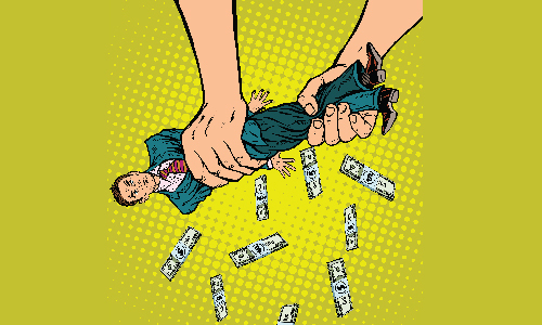 A pair of hands squeezing a businessman with money falling off